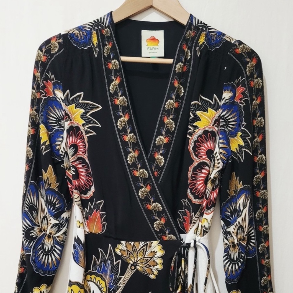 Farm Rio Maxi Floral Print Crepe Wrap Mini Dress in Black Multi - Picture 5 of 14